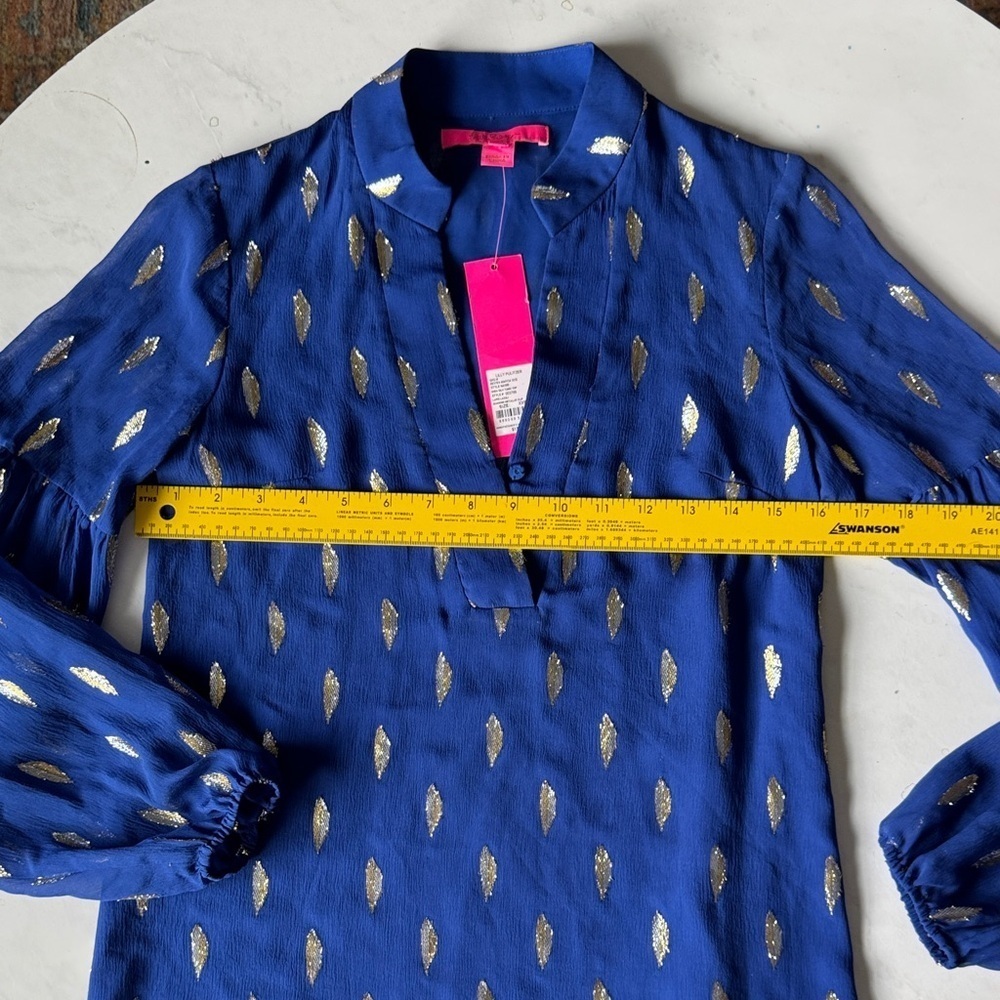 Lilly Pulitzer Royal Blue Blouse with Gold Leaf Pattern - Picture 13 of 16